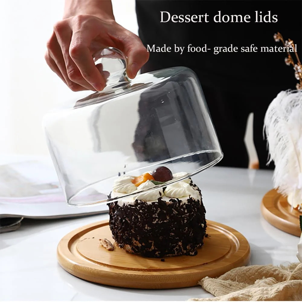 Wooden Cake Stand with Dome Lid Glass Dome with Wooden Base Wooden Dessert Tray Cake Plate Square Round Cupcake Plate with Lid Salad Bowl Snack Tray Serving Plate - Image 3
