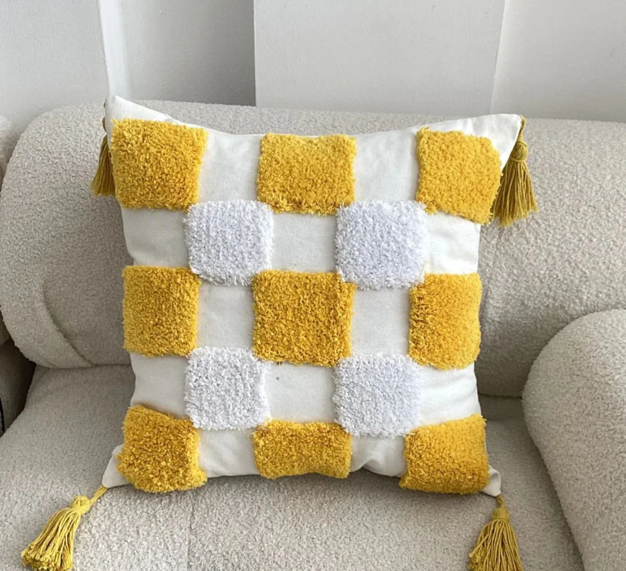 Yellow Embroidery Cushion Cover Geometric Tassels Pillow Cover 45x45cm - Image 2