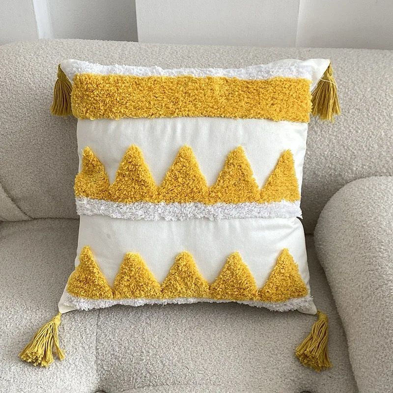 Yellow Embroidery Cushion Cover Geometric Tassels Pillow Cover 45x45cm - Image 3