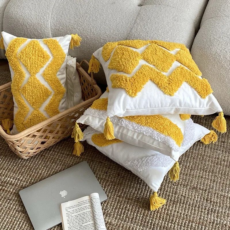 Yellow Embroidery Cushion Cover Geometric Tassels Pillow Cover 45x45cm - Image 4
