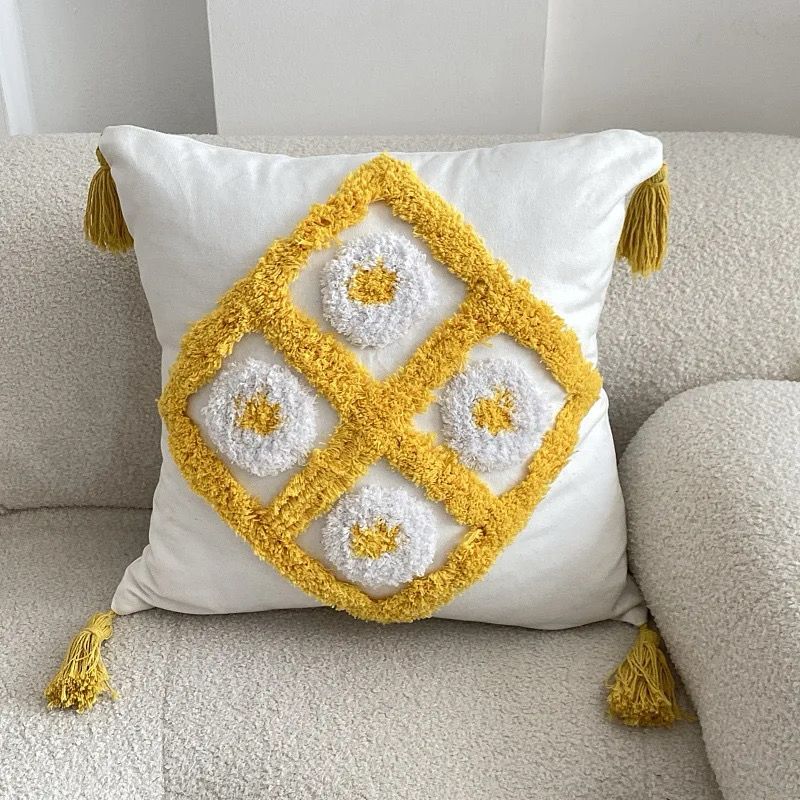 Yellow Embroidery Cushion Cover Geometric Tassels Pillow Cover 45x45cm - Image 5