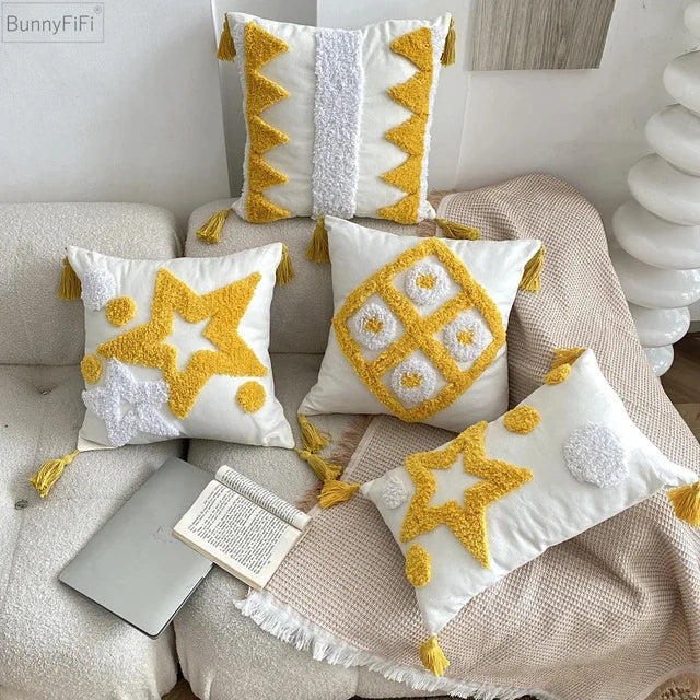 Yellow Embroidery Cushion Cover Geometric Tassels Pillow Cover 45x45cm - Image 7