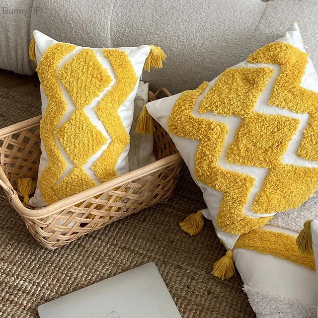 Yellow Embroidery Cushion Cover Geometric Tassels Pillow Cover 45x45cm - Image 8